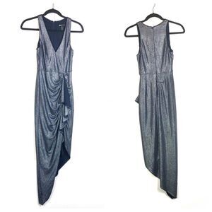 AIDAN MATTOX Silver Shimmer Navy Waterfall Draped High Low Midi V Neck Dress 0